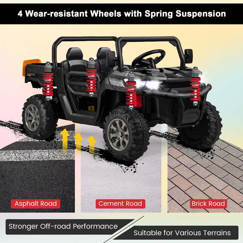 12V 2-Seater Kids Ride On Dump Truck, Off-Road Electric UTV Ride On Car with Remote Control, Power Dump Bed & Shovel, Battery Powered Gift Toy