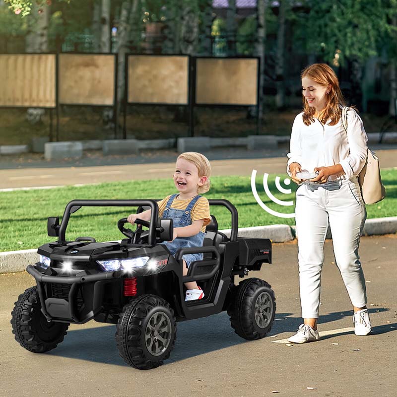 12V 2-Seater Kids Ride On Dump Truck, Off-Road Electric UTV Ride On Car with Remote Control, Power Dump Bed & Shovel, Battery Powered Gift Toy