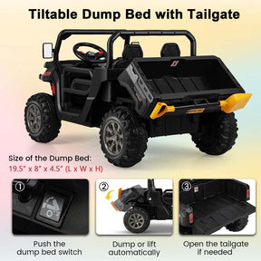 12V 2-Seater Kids Ride On Dump Truck, Off-Road Electric UTV Ride On Car with Remote Control, Power Dump Bed & Shovel, Battery Powered Gift Toy