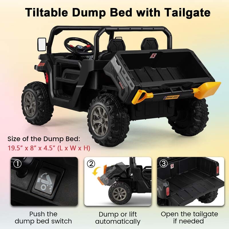 12V 2-Seater Kids Ride On Dump Truck, Off-Road Electric UTV Ride On Car with Remote Control, Power Dump Bed & Shovel, Battery Powered Gift Toy