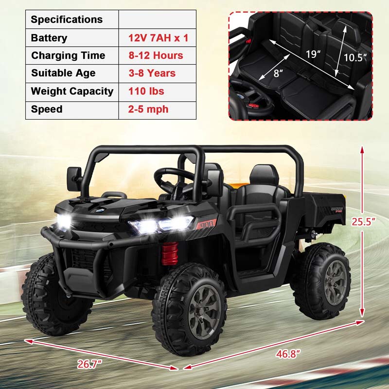 12V 2-Seater Kids Ride On Dump Truck, Off-Road Electric UTV Ride On Car with Remote Control, Power Dump Bed & Shovel, Battery Powered Gift Toy