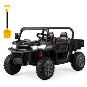 12V 2-Seater Kids Ride On Dump Truck, Off-Road Electric UTV Ride On Car with Remote Control, Power Dump Bed & Shovel, Battery Powered Gift Toy