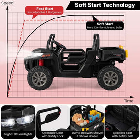 12V 2-Seater Kids Ride On Dump Truck, Off-Road Electric UTV Ride On Car with Remote Control, Power Dump Bed & Shovel, Battery Powered Gift Toy