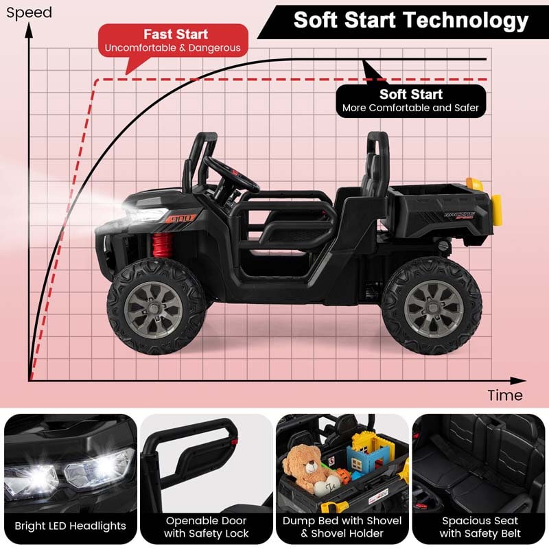 12V 2-Seater Kids Ride On Dump Truck, Off-Road Electric UTV Ride On Car with Remote Control, Power Dump Bed & Shovel, Battery Powered Gift Toy