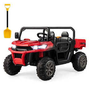 12V 2-Seater Kids Ride On Dump Truck, Off-Road Electric UTV Ride On Car with Remote Control, Power Dump Bed & Shovel, Battery Powered Gift Toy