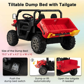 12V 2-Seater Kids Ride On Dump Truck, Off-Road Electric UTV Ride On Car with Remote Control, Power Dump Bed & Shovel, Battery Powered Gift Toy