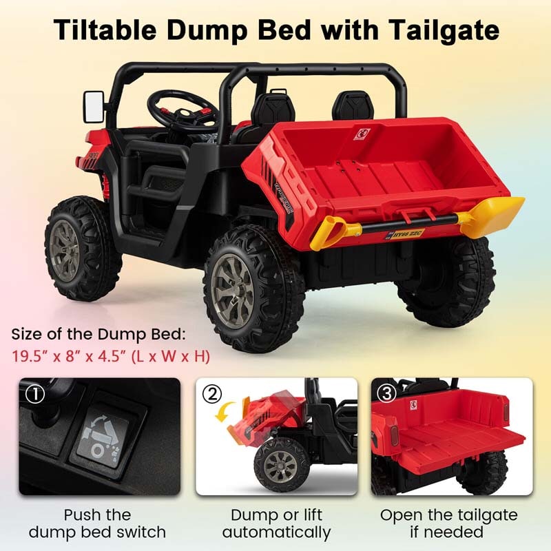 12V 2-Seater Kids Ride On Dump Truck, Off-Road Electric UTV Ride On Car with Remote Control, Power Dump Bed & Shovel, Battery Powered Gift Toy