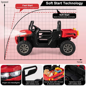 12V 2-Seater Kids Ride On Dump Truck, Off-Road Electric UTV Ride On Car with Remote Control, Power Dump Bed & Shovel, Battery Powered Gift Toy