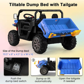 12V 2-Seater Kids Ride On Dump Truck, Off-Road Electric UTV Ride On Car with Remote Control, Power Dump Bed & Shovel, Battery Powered Gift Toy