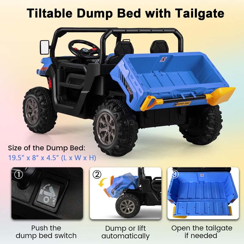 12V 2-Seater Kids Ride On Dump Truck, Off-Road Electric UTV Ride On Car with Remote Control, Power Dump Bed & Shovel, Battery Powered Gift Toy
