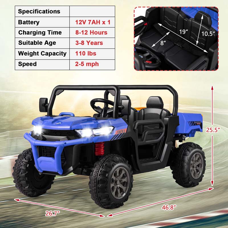 12V 2-Seater Kids Ride On Dump Truck, Off-Road Electric UTV Ride On Car with Remote Control, Power Dump Bed & Shovel, Battery Powered Gift Toy