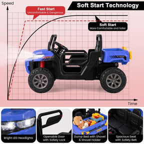 12V 2-Seater Kids Ride On Dump Truck, Off-Road Electric UTV Ride On Car with Remote Control, Power Dump Bed & Shovel, Battery Powered Gift Toy