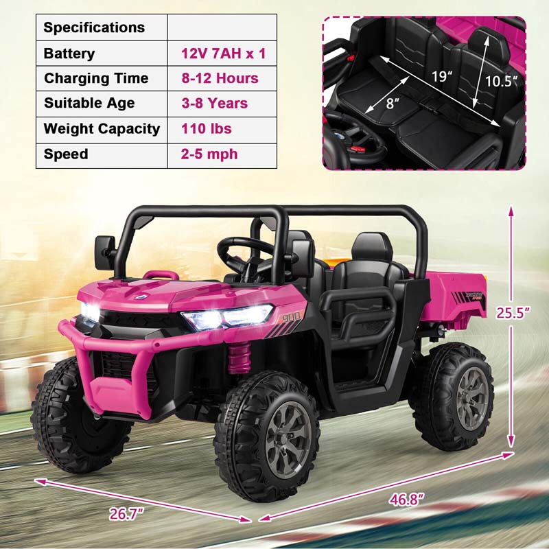 12V 2-Seater Kids Ride On Dump Truck, Off-Road Electric UTV Ride On Car with Remote Control, Power Dump Bed & Shovel, Battery Powered Gift Toy