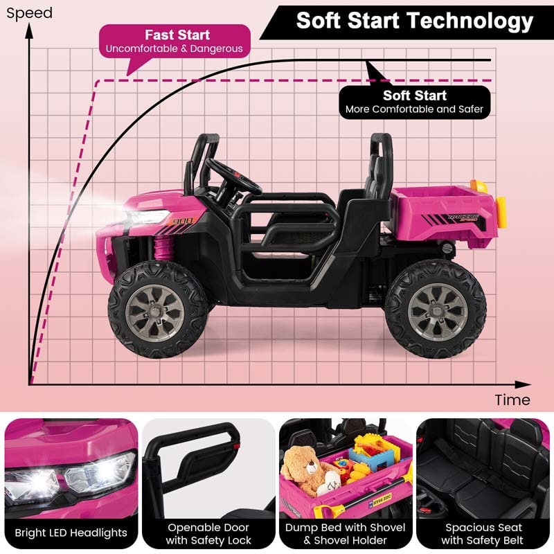 12V 2-Seater Kids Ride On Dump Truck, Off-Road Electric UTV Ride On Car with Remote Control, Power Dump Bed & Shovel, Battery Powered Gift Toy