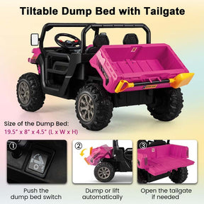 12V 2-Seater Kids Ride On Dump Truck, Off-Road Electric UTV Ride On Car with Remote Control, Power Dump Bed & Shovel, Battery Powered Gift Toy