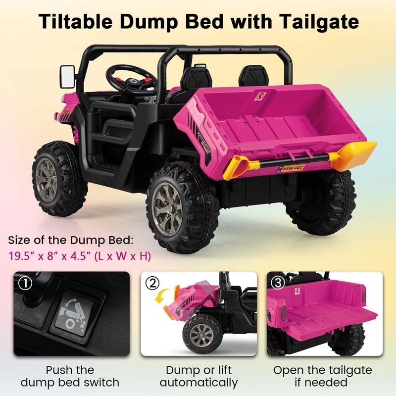 12V 2-Seater Kids Ride On Dump Truck, Off-Road Electric UTV Ride On Car with Remote Control, Power Dump Bed & Shovel, Battery Powered Gift Toy