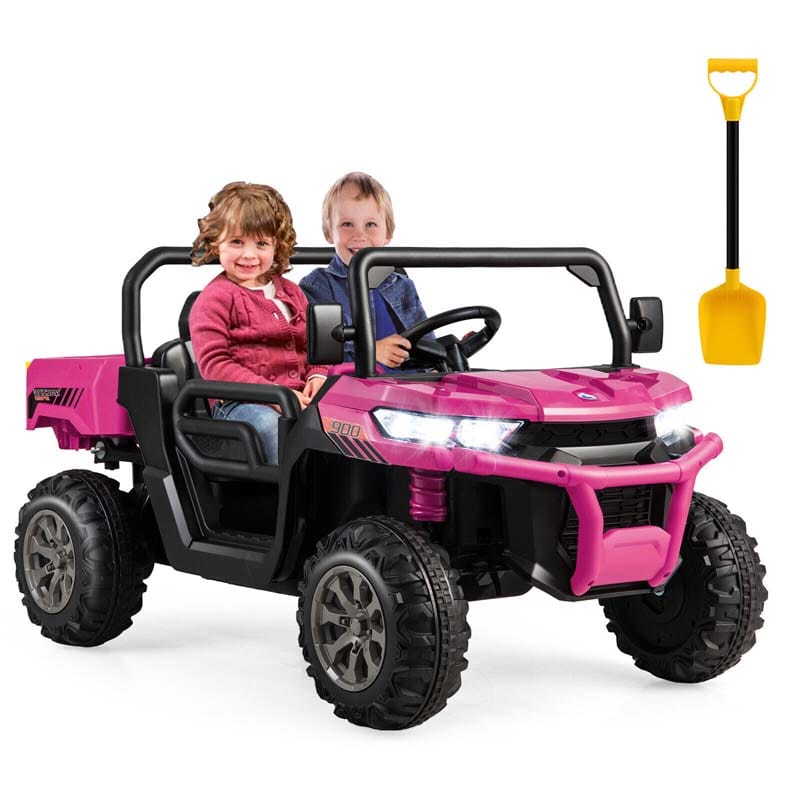 12V 2-Seater Kids Ride On Dump Truck, Off-Road Electric UTV Ride On Car with Remote Control, Power Dump Bed & Shovel, Battery Powered Gift Toy