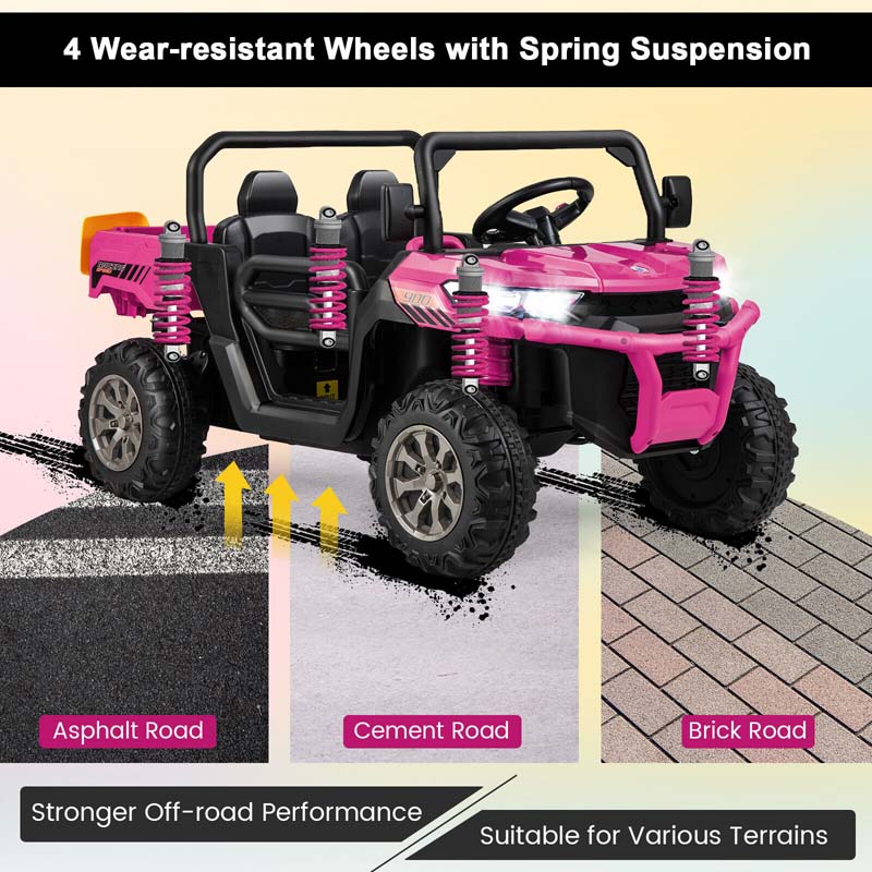 12V 2-Seater Kids Ride On Dump Truck, Off-Road Electric UTV Ride On Car with Remote Control, Power Dump Bed & Shovel, Battery Powered Gift Toy