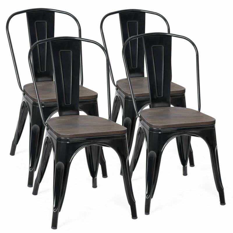 Set of 4 Tolix Style Metal Dining Chairs, 18" Stackable Bistro Cafe Side Chairs with Wood Seat & High Backrest for Home Kitchen Bar Use
