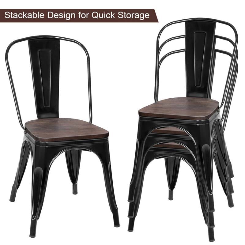 Set of 4 Tolix Style Metal Dining Chairs, 18" Stackable Bistro Cafe Side Chairs with Wood Seat & High Backrest for Home Kitchen Bar Use