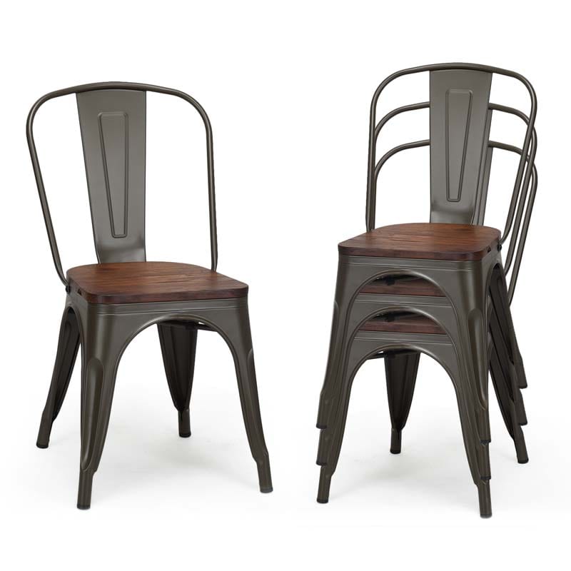 Set of 4 Tolix Style Metal Dining Chairs, 18" Stackable Bistro Cafe Side Chairs with Wood Seat & High Backrest for Home Kitchen Bar Use