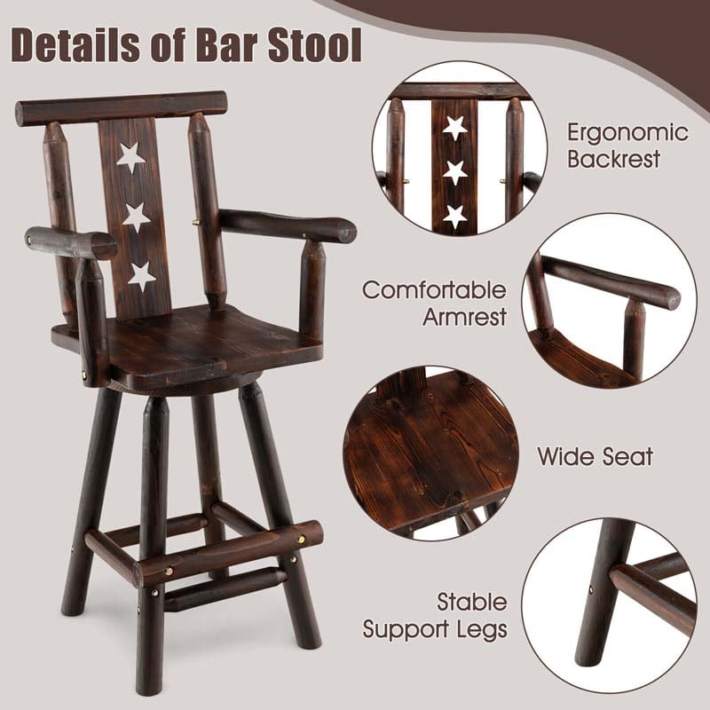 29" Rustic Swivel Bar Stool with Decorative Star Backrest, Solid Fir Wood Bar Chair for Dining Room Kitchen Pub