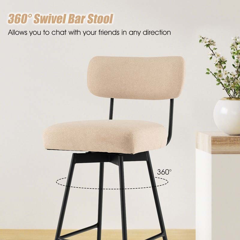 Swivel Bar Stools Set of 2, 25" Upholstered Counter Height Bar Chairs with Back, Footrest & Metal Legs for Kitchen Island, Dining Room, Bar