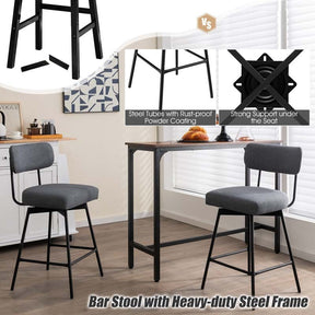 Swivel Bar Stools Set of 2, 25" Upholstered Counter Height Bar Chairs with Back, Footrest & Metal Legs for Kitchen Island, Dining Room, Bar