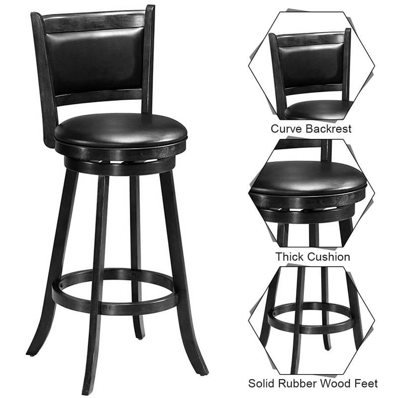 Set of 2 Wooden Swivel Bar Stools, 29" Bar Height Chairs with PVC Leather Cushioned Back & Seat, Upholstered Barstools for Kitchen Island