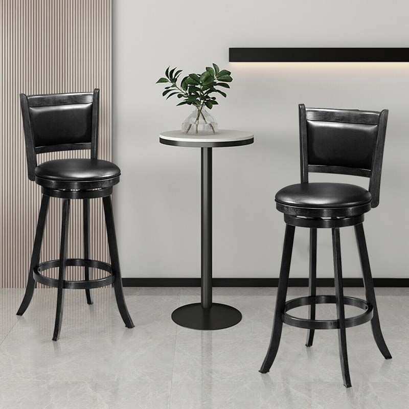 Set of 2 Wooden Swivel Bar Stools, 29" Bar Height Chairs with PVC Leather Cushioned Back & Seat, Upholstered Barstools for Kitchen Island