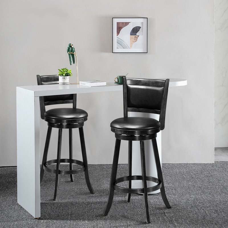 Set of 2 Wooden Swivel Bar Stools, 29" Bar Height Chairs with PVC Leather Cushioned Back & Seat, Upholstered Barstools for Kitchen Island
