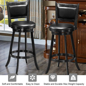 Set of 2 Wooden Swivel Bar Stools, 29" Bar Height Chairs with PVC Leather Cushioned Back & Seat, Upholstered Barstools for Kitchen Island