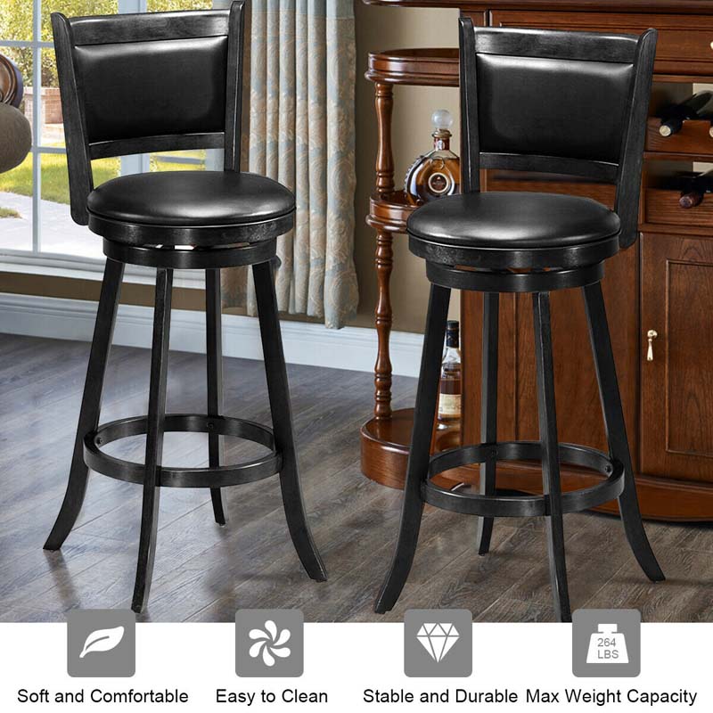 Set of 2 Wooden Swivel Bar Stools, 29" Bar Height Chairs with PVC Leather Cushioned Back & Seat, Upholstered Barstools for Kitchen Island
