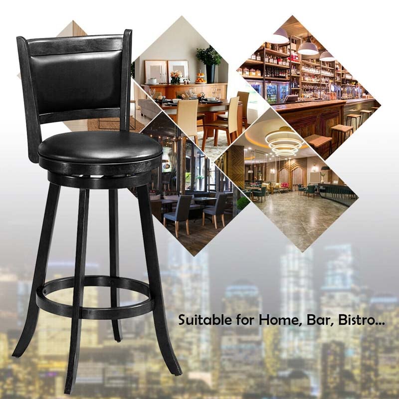 Set of 2 Wooden Swivel Bar Stools, 29" Bar Height Chairs with PVC Leather Cushioned Back & Seat, Upholstered Barstools for Kitchen Island