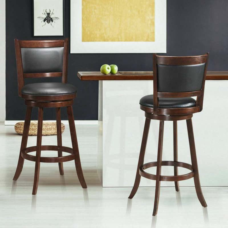 Set of 2 Wooden Swivel Bar Stools, 29" Bar Height Chairs with PVC Leather Cushioned Back & Seat, Upholstered Barstools for Kitchen Island