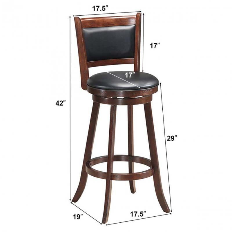 Set of 2 Wooden Swivel Bar Stools, 29" Bar Height Chairs with PVC Leather Cushioned Back & Seat, Upholstered Barstools for Kitchen Island