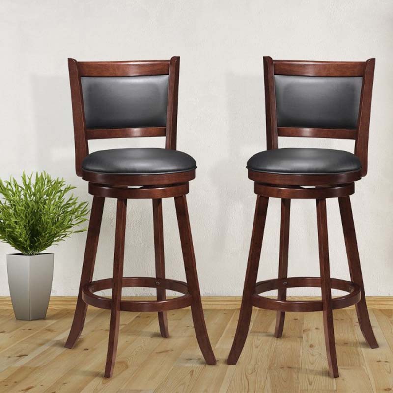 Set of 2 Wooden Swivel Bar Stools, 29" Bar Height Chairs with PVC Leather Cushioned Back & Seat, Upholstered Barstools for Kitchen Island