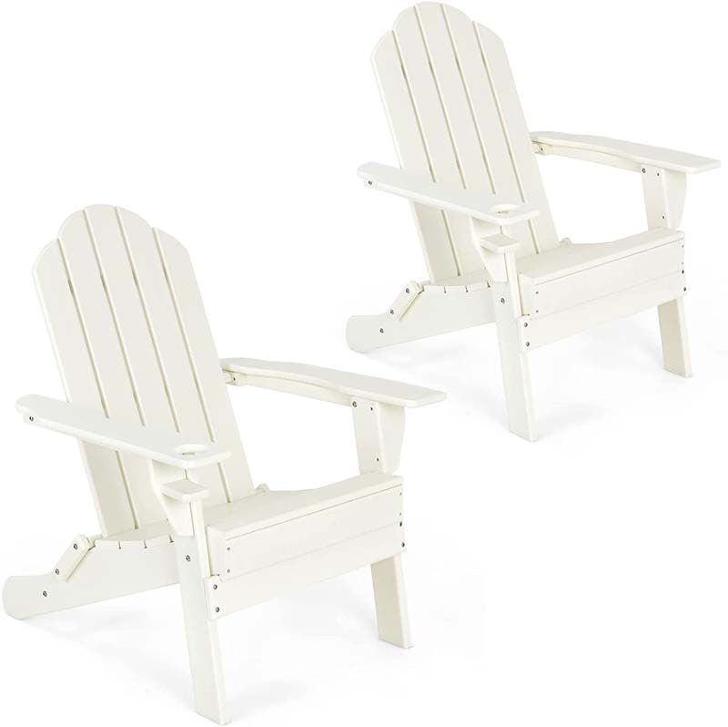 2 PCS Outdoor Folding Adirondack Chairs with Cup Holder, All-Weather PE Patio Lounge Chair for Backyard, Poolside
