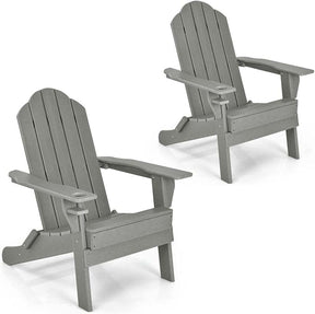 2 PCS Outdoor Folding Adirondack Chairs with Cup Holder, All-Weather PE Patio Lounge Chair for Backyard, Poolside