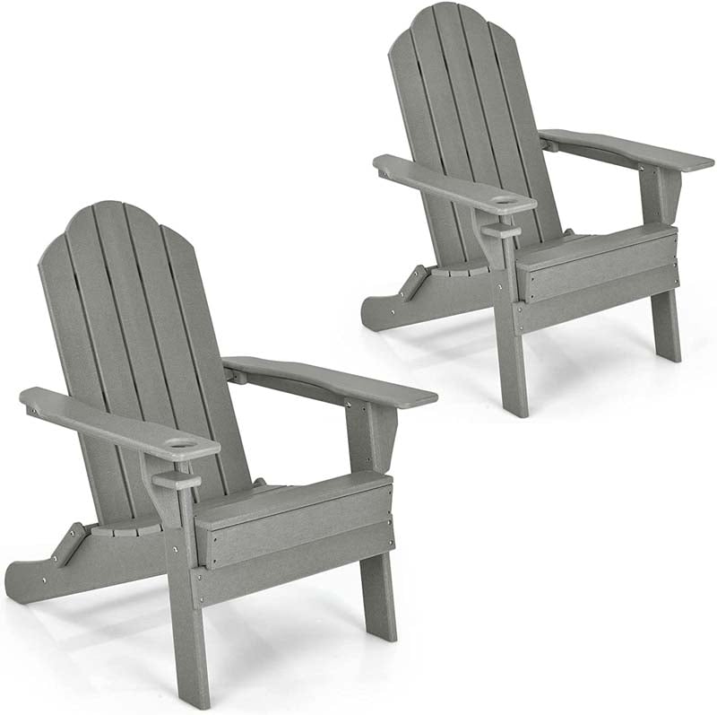 2 PCS Outdoor Folding Adirondack Chairs with Cup Holder, All-Weather PE Patio Lounge Chair for Backyard, Poolside