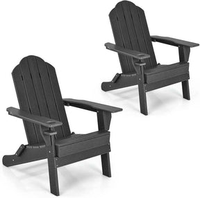 2 PCS Outdoor Folding Adirondack Chairs with Cup Holder, All-Weather PE Patio Lounge Chair for Backyard, Poolside