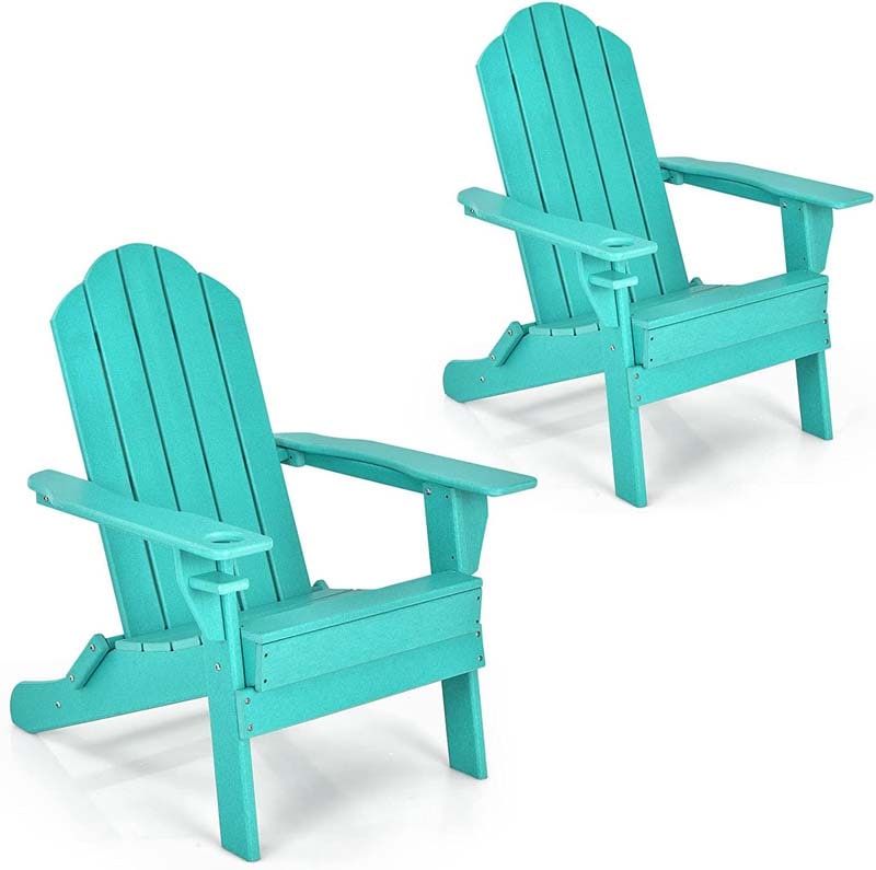 2 PCS Outdoor Folding Adirondack Chairs with Cup Holder, All-Weather PE Patio Lounge Chair for Backyard, Poolside