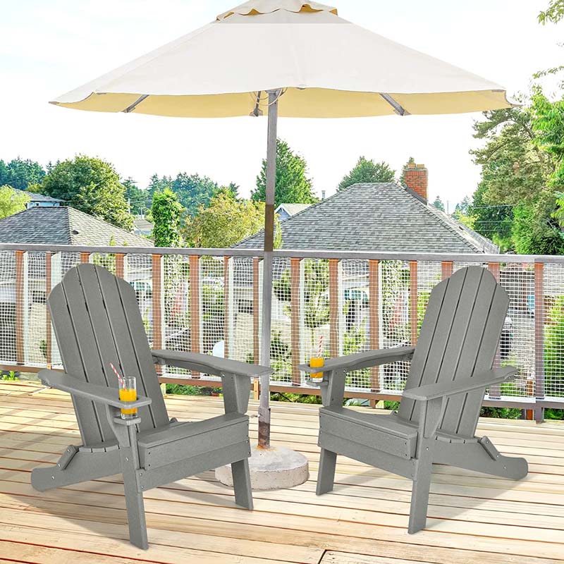 2 PCS Outdoor Folding Adirondack Chairs with Cup Holder, All-Weather PE Patio Lounge Chair for Backyard, Poolside