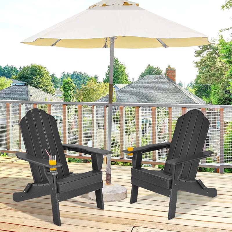 2 PCS Outdoor Folding Adirondack Chairs with Cup Holder, All-Weather PE Patio Lounge Chair for Backyard, Poolside