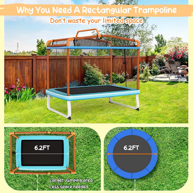 6FT 3-in-1 Rectangle Trampoline with Swing, Horizontal Bar & Safety Enclosure Net, ASTM Approved Toddler Trampoline for Indoor Outdoor