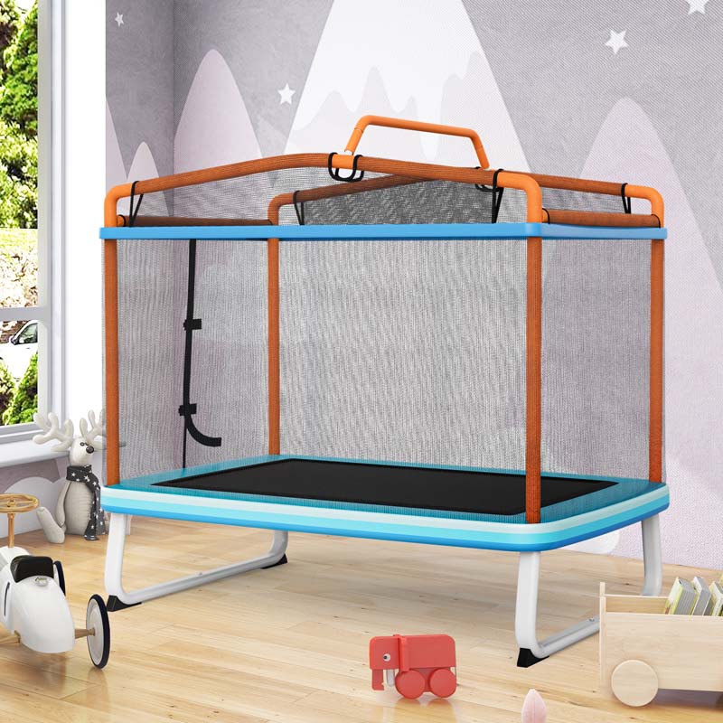 6FT 3-in-1 Rectangle Trampoline with Swing, Horizontal Bar & Safety Enclosure Net, ASTM Approved Toddler Trampoline for Indoor Outdoor