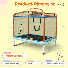 6FT 3-in-1 Rectangle Trampoline with Swing, Horizontal Bar & Safety Enclosure Net, ASTM Approved Toddler Trampoline for Indoor Outdoor