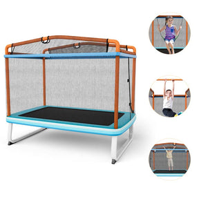 6FT 3-in-1 Rectangle Trampoline with Swing, Horizontal Bar & Safety Enclosure Net, ASTM Approved Toddler Trampoline for Indoor Outdoor