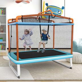6FT 3-in-1 Rectangle Trampoline with Swing, Horizontal Bar & Safety Enclosure Net, ASTM Approved Toddler Trampoline for Indoor Outdoor