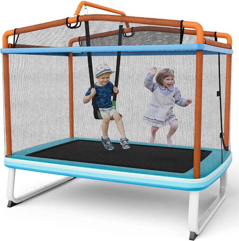 6FT 3-in-1 Rectangle Trampoline with Swing, Horizontal Bar & Safety Enclosure Net, ASTM Approved Toddler Trampoline for Indoor Outdoor